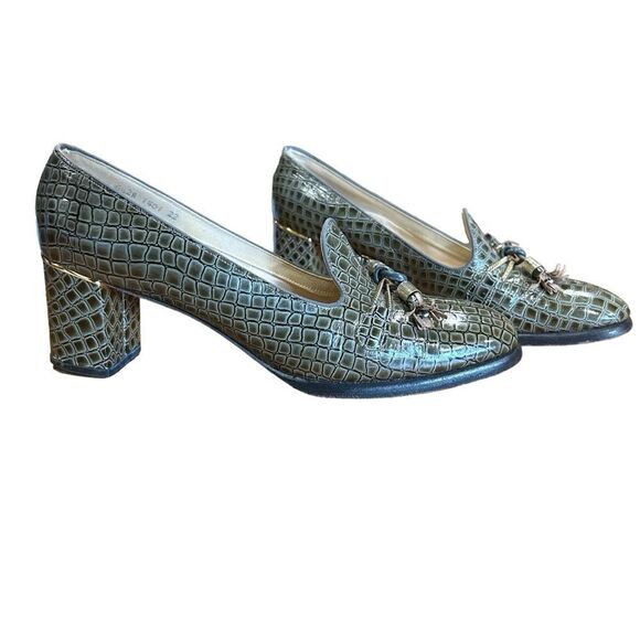 Jack Rogers Tassels Embossed Crocodile Green Leather Loafer Heels 6.5 AA narrow - Picture 1 of 11